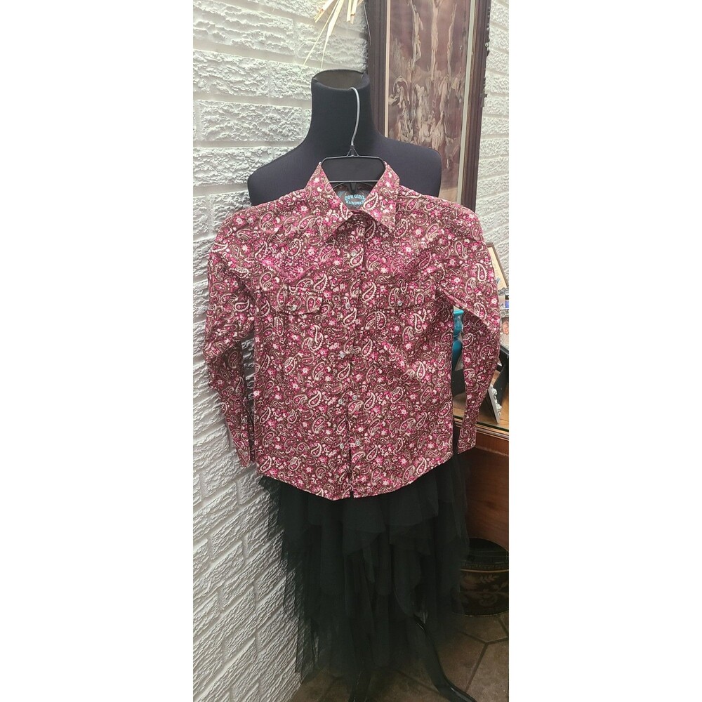 Cowgirl Hardware Western Shirt GIRL M Pink Paisley Floral Embellish (Horse) Snap